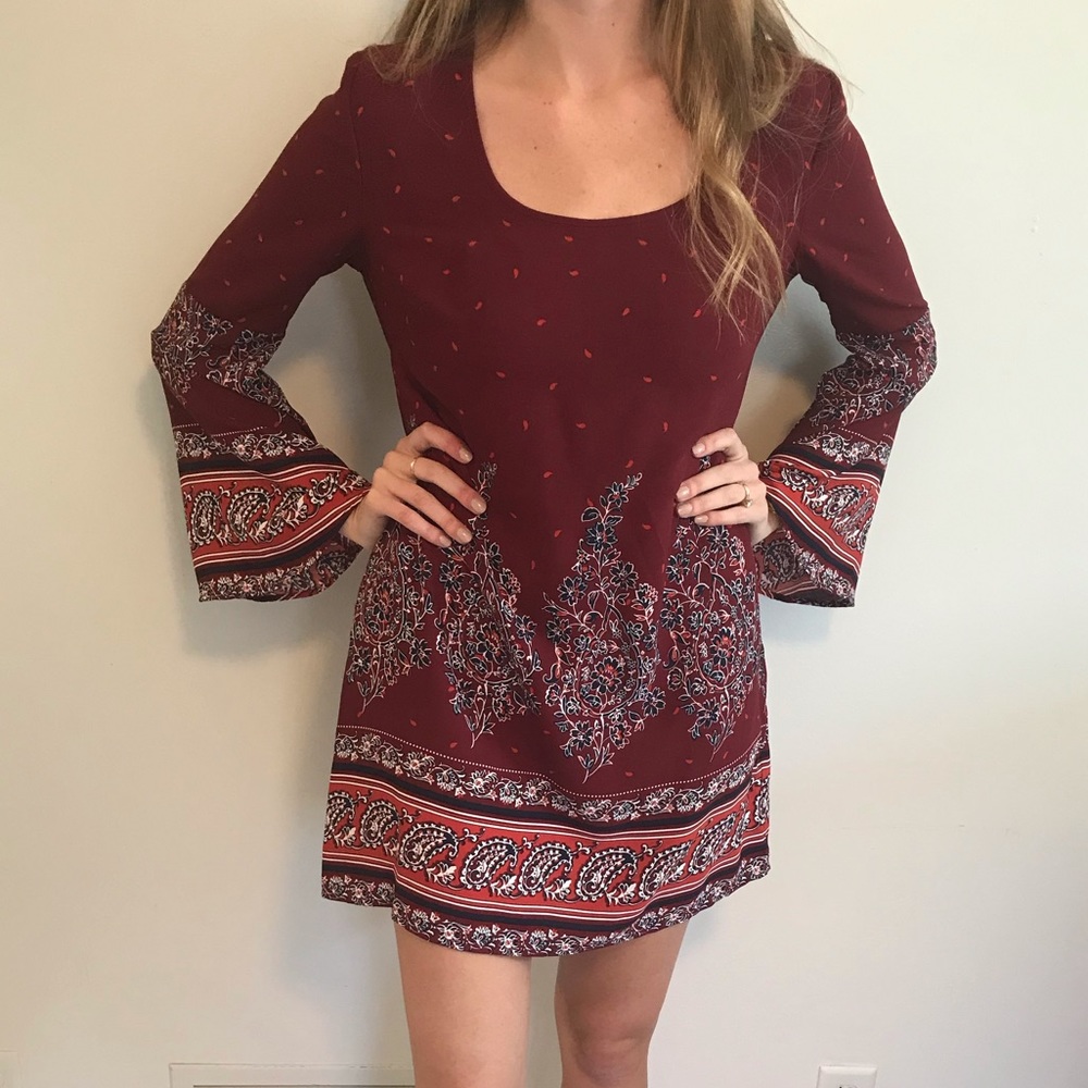 Maroon dress with bell sleeves. Size: small